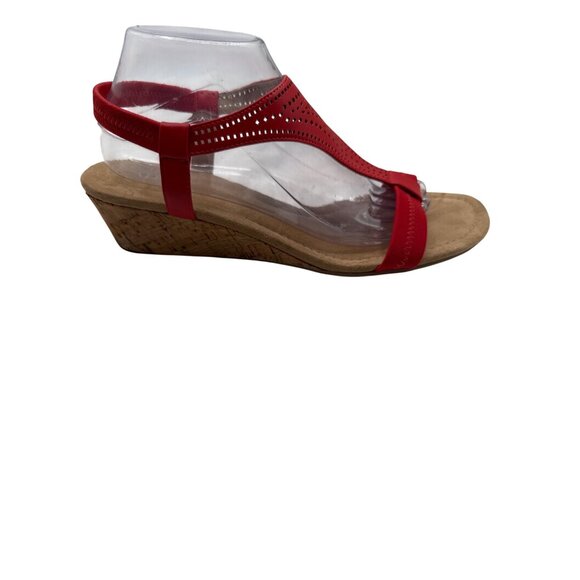 Alfani Size 10 Red T-Strap Wedge Sandals Perforated Design Faux Cork Heel - Picture 2 of 7